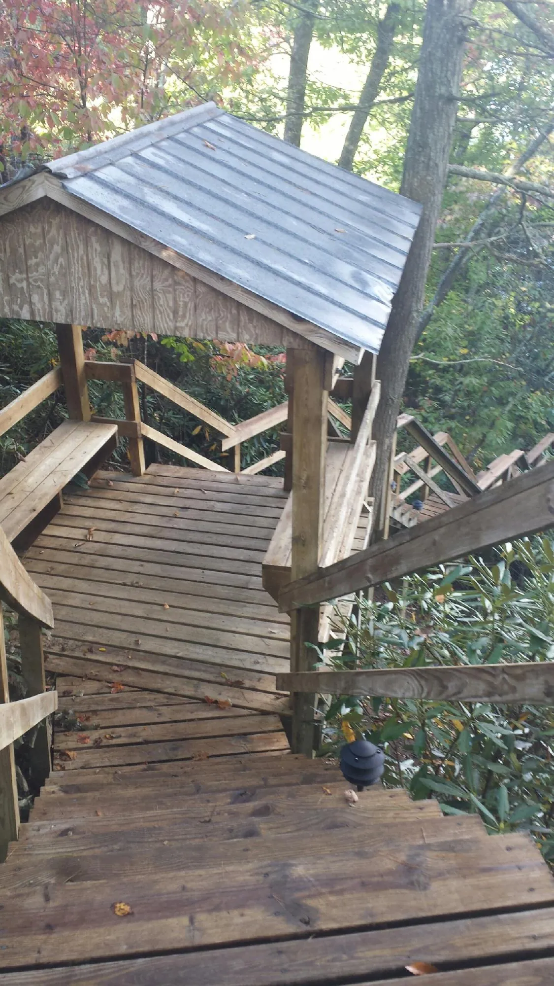 Metal roofed shelter over wooden steps on a wooded walkway — Skylight Repair & Installation work by our crew in Monitor